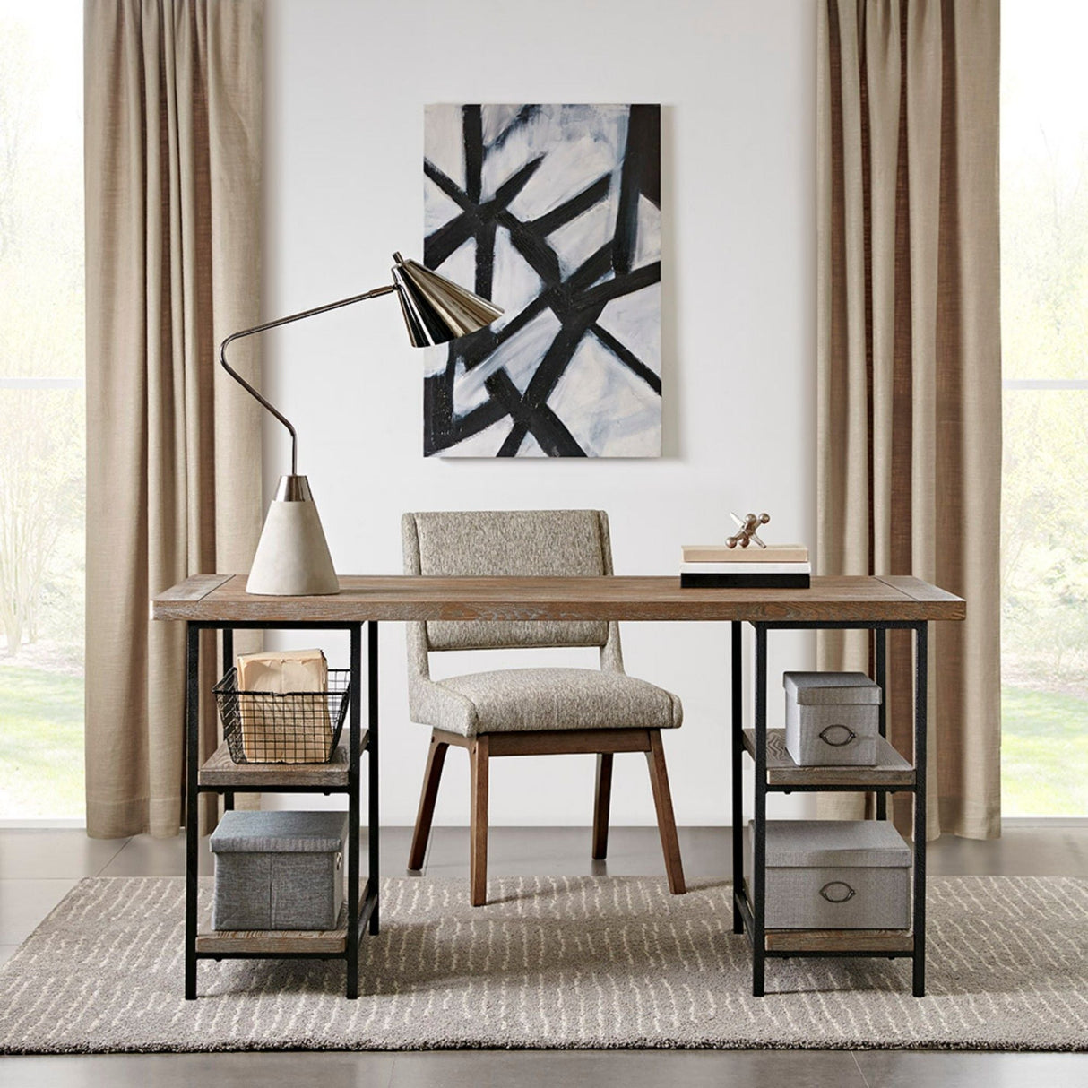 Industrial Style Metal Frame Accent Desk With Side Shelving - Gray