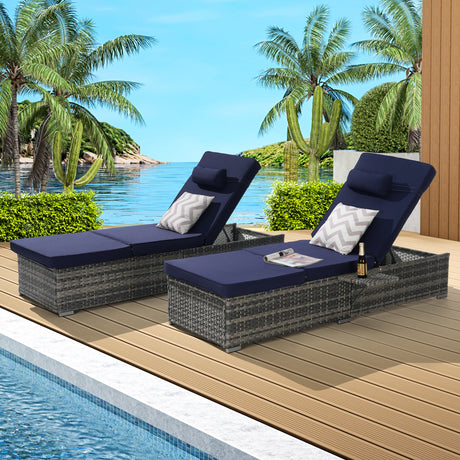 2-Piece Outdoor Rattan Chaise Lounge Set – Adjustable Reclining Loungers with Cushions