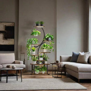 8 Tier Indoor Plant Stand with Grow Lights - Black & Dark Walnut