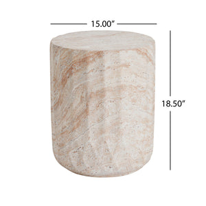 Outdoor / Indoor Lightweight Concrete Side Table, Cylinder Travertine Finish Accent Table - Beige