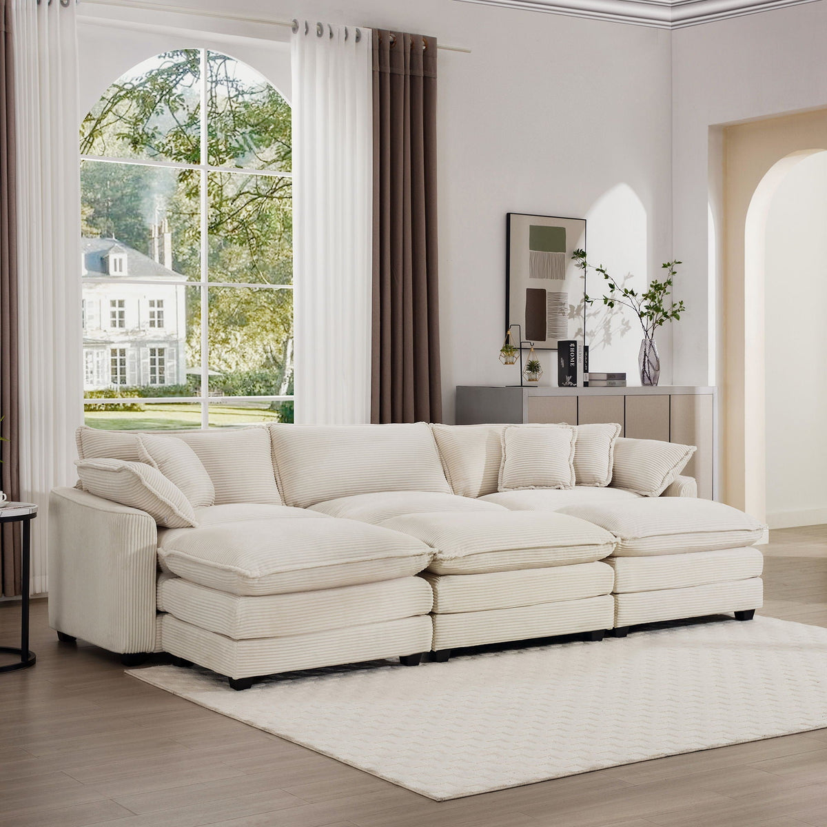 Modern Modular Cushion Sofa Set with Ottoman - Fabric, Multiple Colors