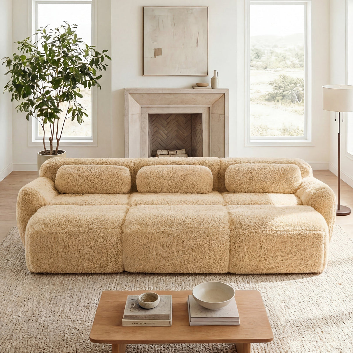 3-Seater Soft Plush Fabric Sofa With Movable Ottoman