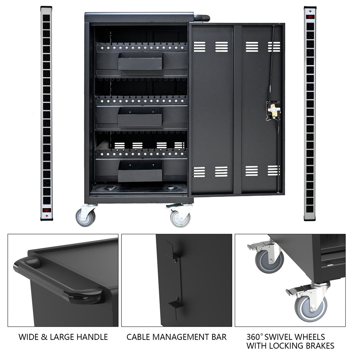 45 Bay Mobile School Charging Cart Station For Chromebook, Tablet And Laptop Computer With Power Strip Included - Black