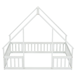 Wood House-Shaped Floor Bed With Fence, Guardrails