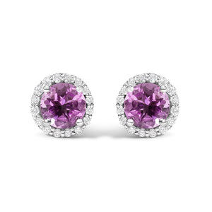 10K White Gold Purple Amethyst and 1/6 Cttw Diamond Halo Stud Earring