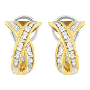 14K Yellow and White Gold 1/2 TDW "X" Shape Cross Over Diamond Hoop Earrings (I-J, I2-I3)