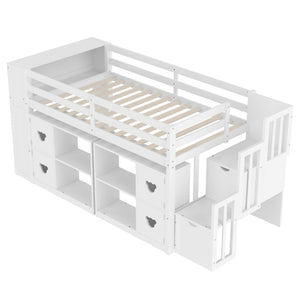 Loft Bed With Storage Cabinets, Staircase Drawers & LED Lights