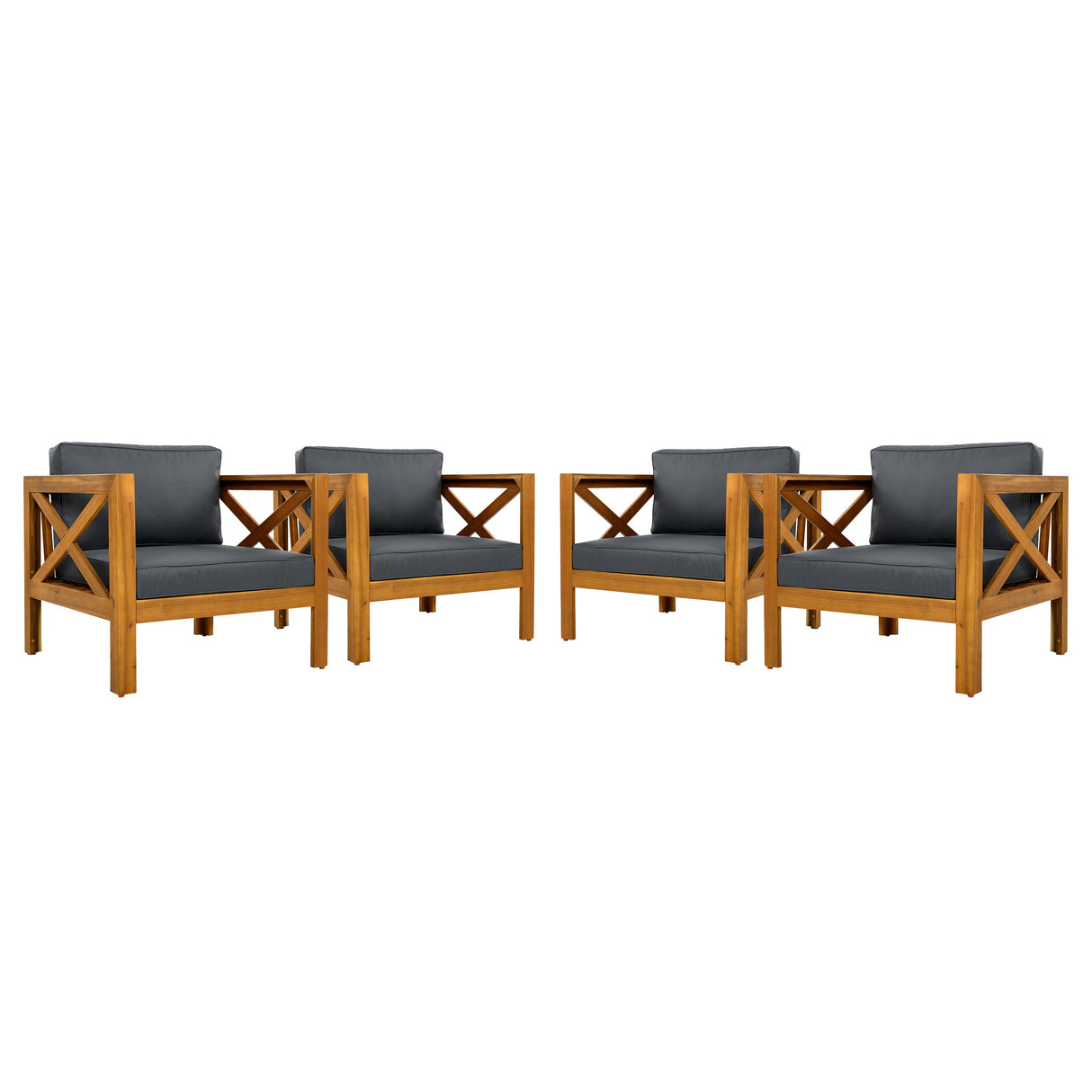 Outdoor Acacia Wood Club Wooden Armchair with Cushions (Set of 4)
