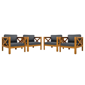 Outdoor Acacia Wood Club Wooden Armchair with Cushions (Set of 4)