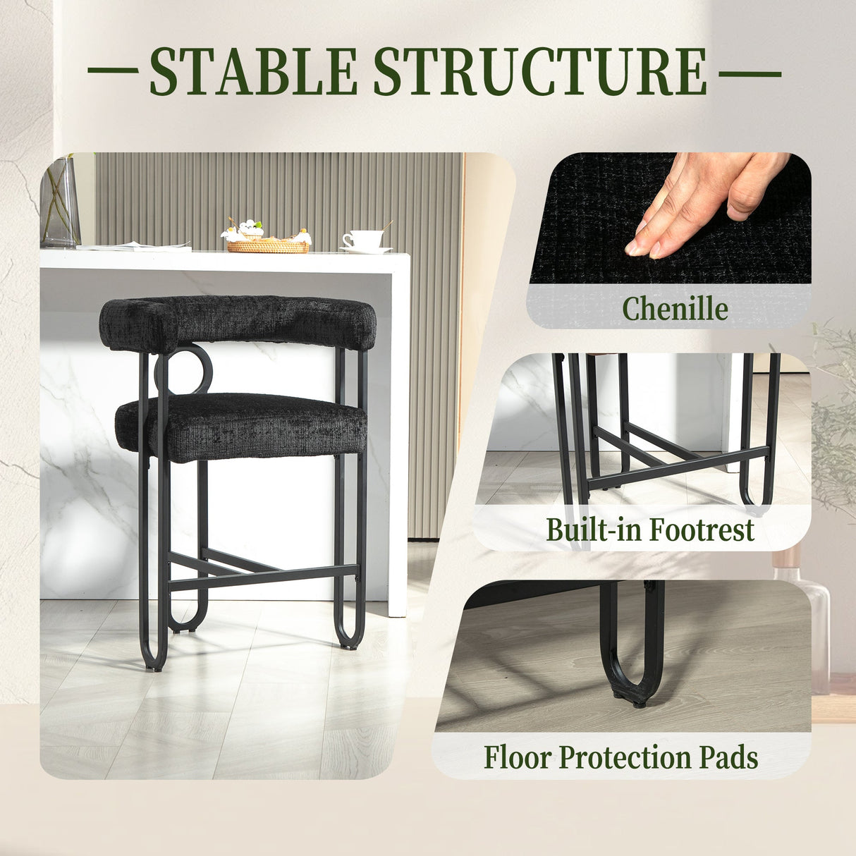Household bar stools set of 2, modern upholstered with back
