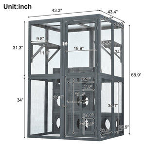 Grey Pine Wood Outdoor Cat House with Shelves and Weather Protection