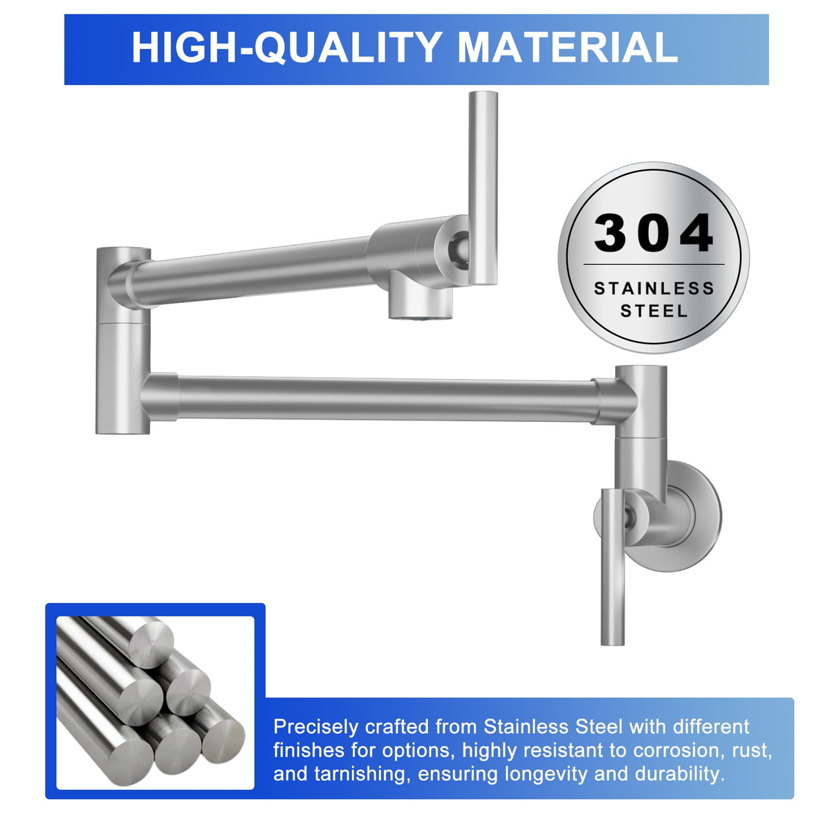 Wall Mount Pot Filler Faucet Folding Stretchable Kitchen Sink Faucet With 2 Handles - Brushed Nickel