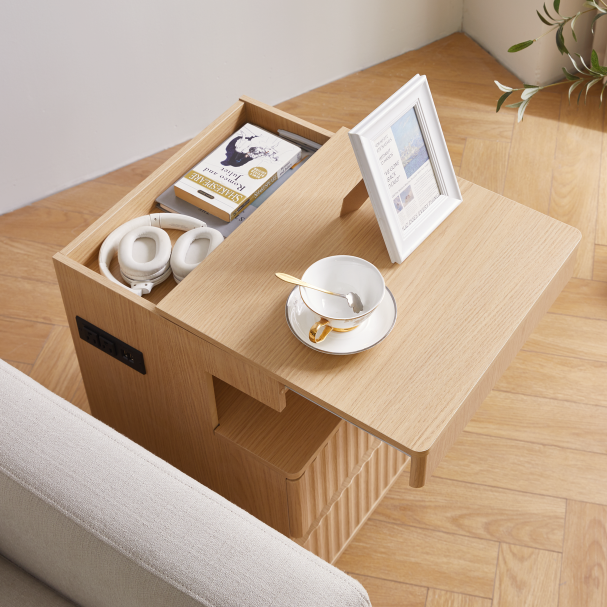 Modern Bedside Table with Gun Drawer,Bedside Table with Charging Station