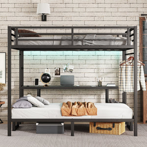 Queen Over Twin XL Metal Bunk Bed with Desk and Shelves
