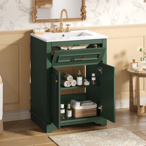 Bathroom Vanity with Integrated Sink and Storage Cabinet - Dark Green, Black, White