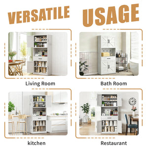 Kitchen Pantry Cabinet With Adjustable Shelves, Drawers, Hooks And Large Countertop - White