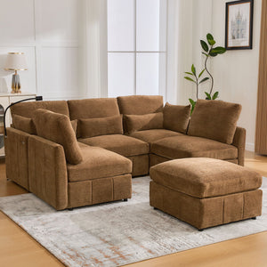 Modern Modular U-Shaped Sofa Bed With Movable Ottoman, USB Ports, Phone Holder