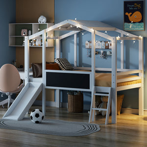 Loft House Bed With Ladder And Slide, With board And Light Strip On The Roof