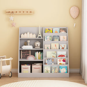 4 Tier Bookshelf and Toy Storage Organizer with Display Stand - Gray, Light Brown, White