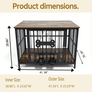 Vintage Wood Grain Dog Cage with Rotating Bowl