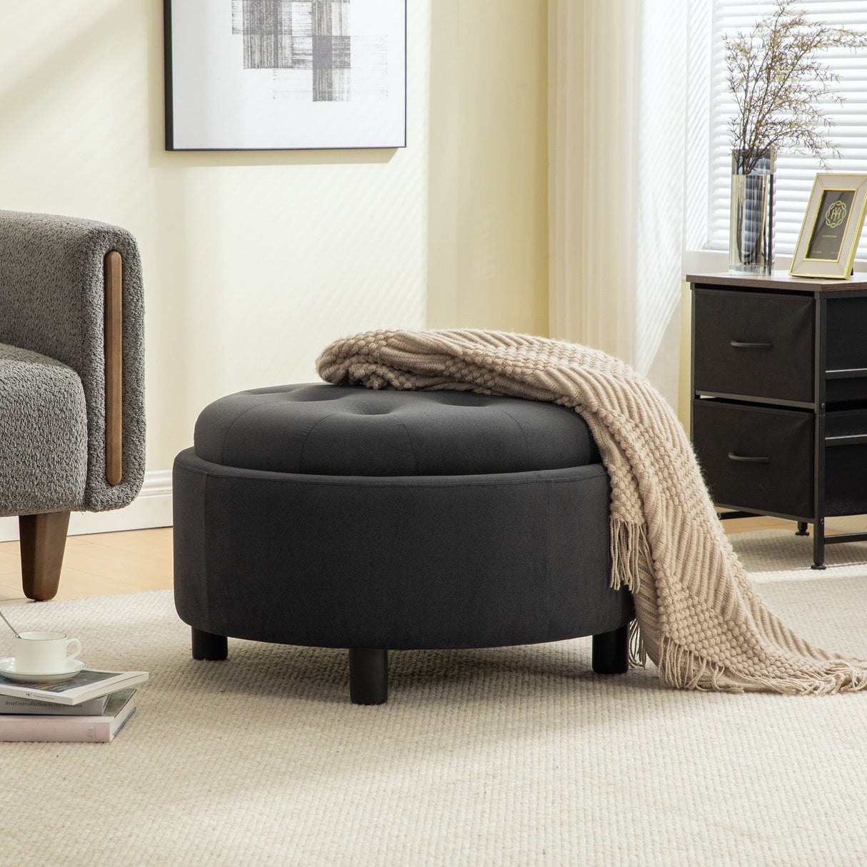 29.33"W Upholstered Round Ottoman With Reversible Lid