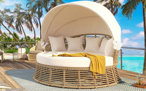 Outdoor Patio Rattan Round Daybed with Retractable Canopy