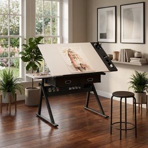 Adjustable Drawing Drafting Table Desk with 2 Drawers