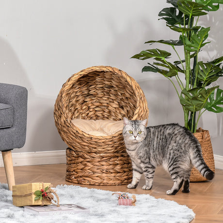 PawHut Wicker Egg Cat Bed with Cushion – Raised Indoor Cat Basket, 23.5" H, Brown