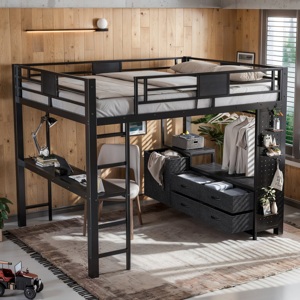 Queen Size Loft Bed with Desk & Shelves