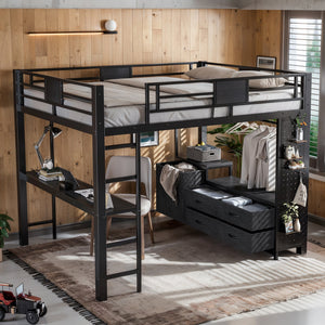 Queen Size Loft Bed with Desk & Shelves