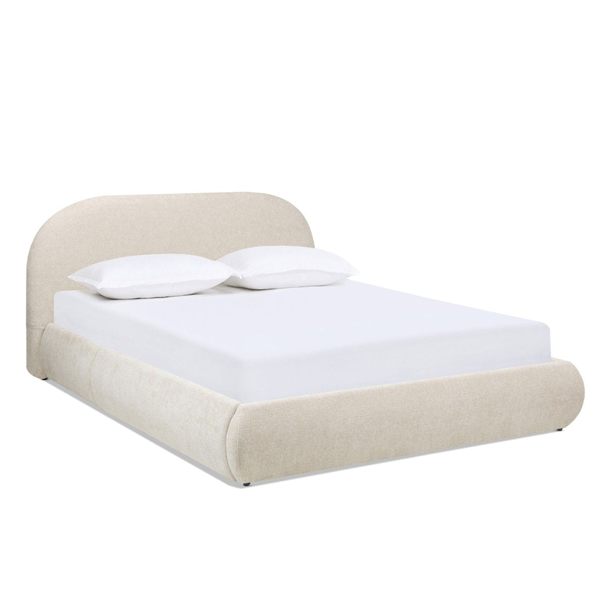 Archie Puffy Grounded Upholstered Platform Bed with Rounded Headboard - Green, White, Beige