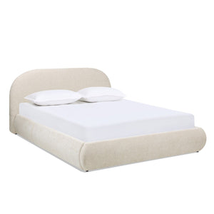 Archie Puffy Grounded Upholstered Platform Bed with Rounded Headboard - Green, White, Beige