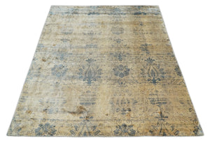 7.6x9x10 Charcoal and Gold Modern Ikat Design Handmade Art Silk Area Rug
