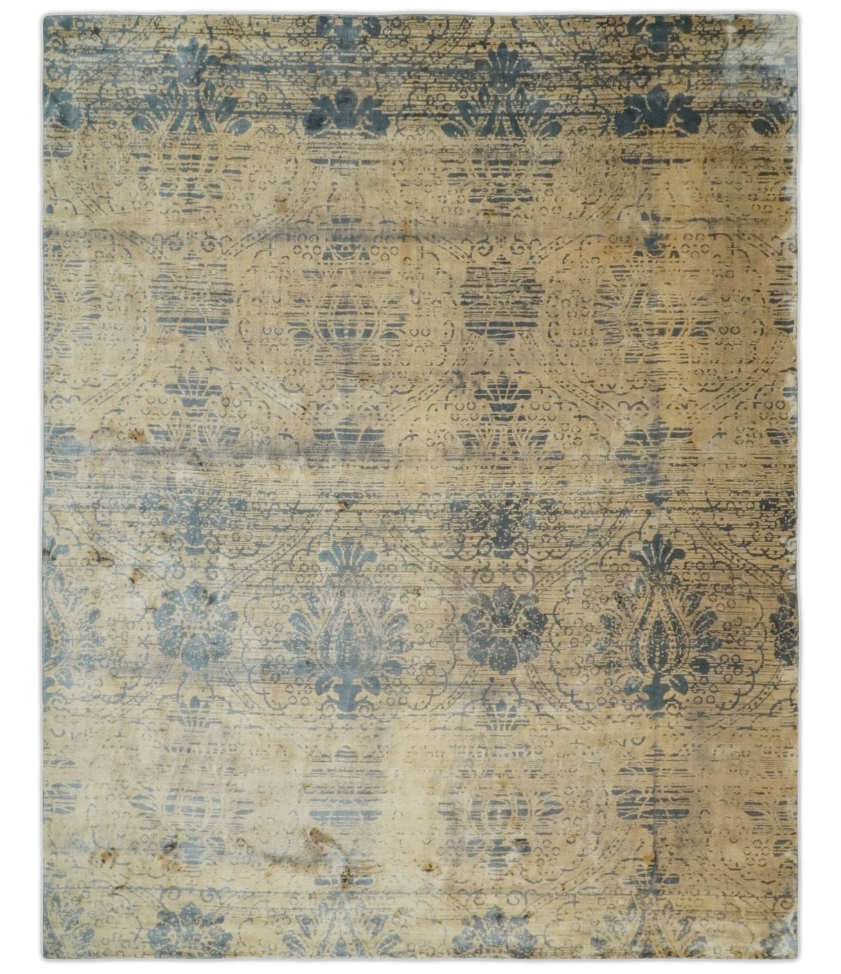 7.6x9x10 Charcoal and Gold Modern Ikat Design Handmade Art Silk Area Rug