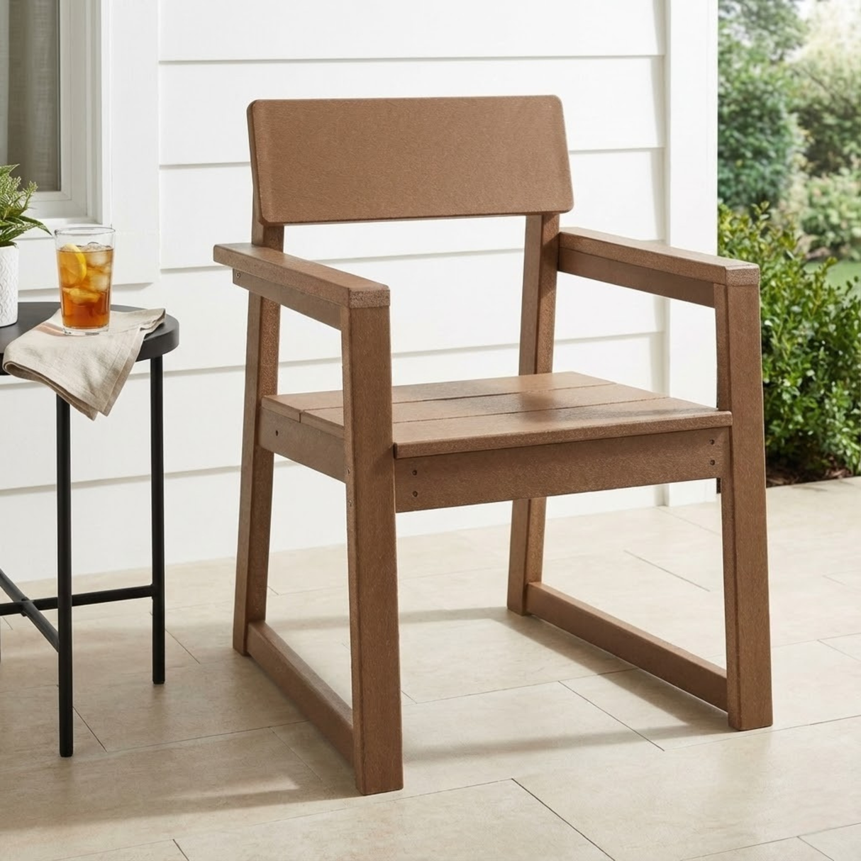 HDPE Outdoor Dining Armchairs, All-Weather Patio Chairs with Backrest & Armrests for Backyard, Deck, Porch, Garden (Brown)