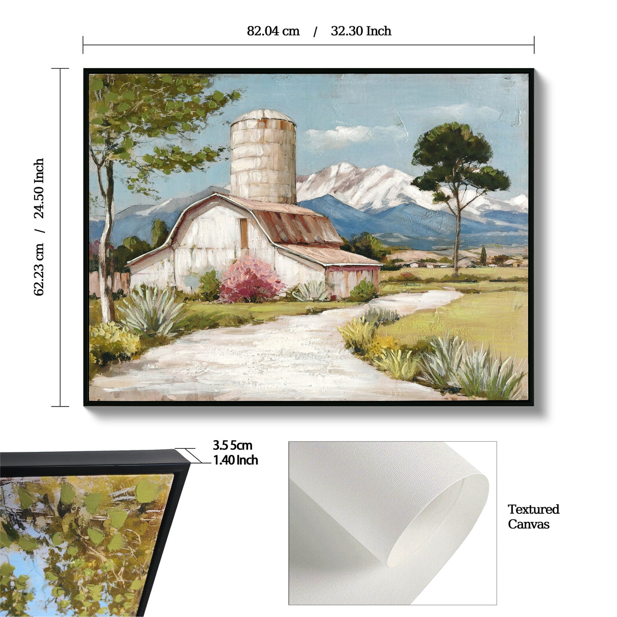 Framed Rustic Farmhouse Canvas Wall Art Beautiful Field Painting Wildflower Barn Print Nature Scenery Picture French Countryside Poster for Bathroom Bedroom Living Room Office Wall Decor 32x24in