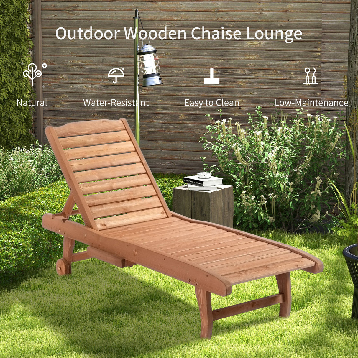 Outsunny outdoor chaise lounge pool chair, built-in table, reclining backrest for sun tanning/sunbathing, rolling wheels, red wood look