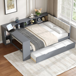 Upholstered Headboard Platform Bed with Storage Shelves, Trundle, and Charging Station
