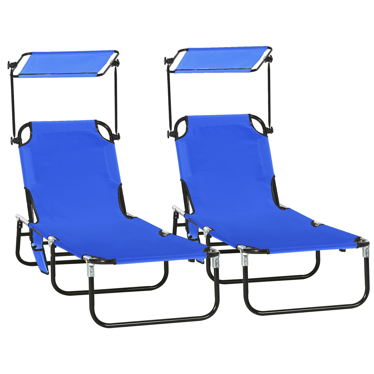Outsunny Folding Chaise Lounge Pool Chairs, Outdoor Sun Tanning Chairs with Canopy Shade, Reclining Back, Steel Frame and Side Pocket for Beach, Yard, Patio, Blue