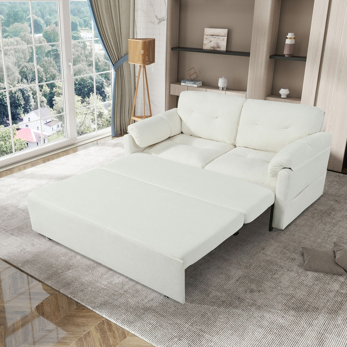 Convertible Pull Out Sofa Bed Queen Size with Side Storage - Fabric, Modern