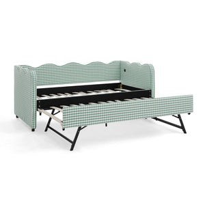 Cozy Gingham Daybed with Trundle Twin Size Sofa Bed No Box Spring Needed, with USB Port and Adorable Wave Shaped, Linen Fabric