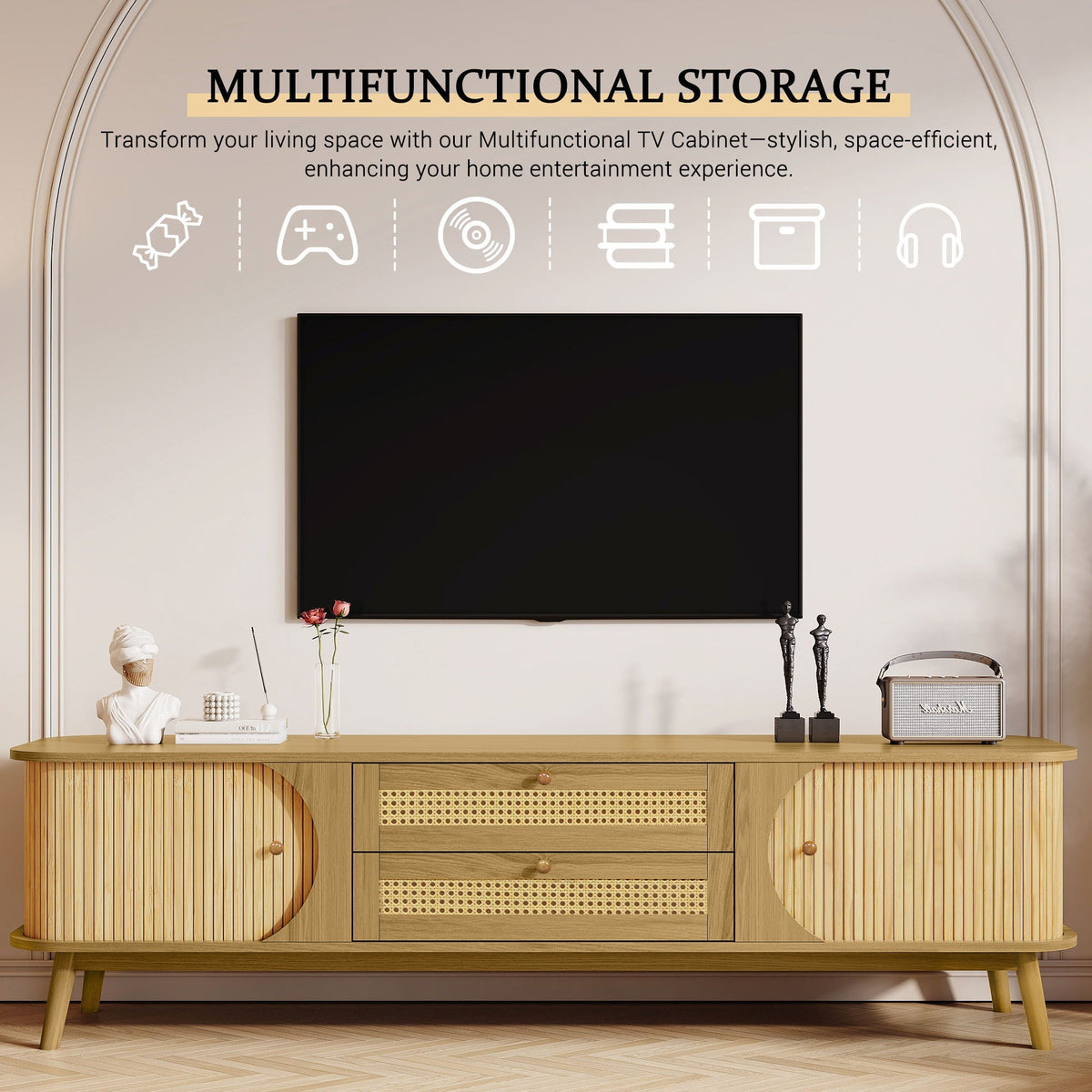 Rattan TV Stand For Tvs Up To 75'', Modern Farmhouse Media Console, Entertainment Center With Legs, TV Cabinet For Living Room, Home Theatre - Natural Wood