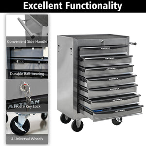 Rolling Metal Tool Chest with 7 Drawers, 20" Cabinet Silver