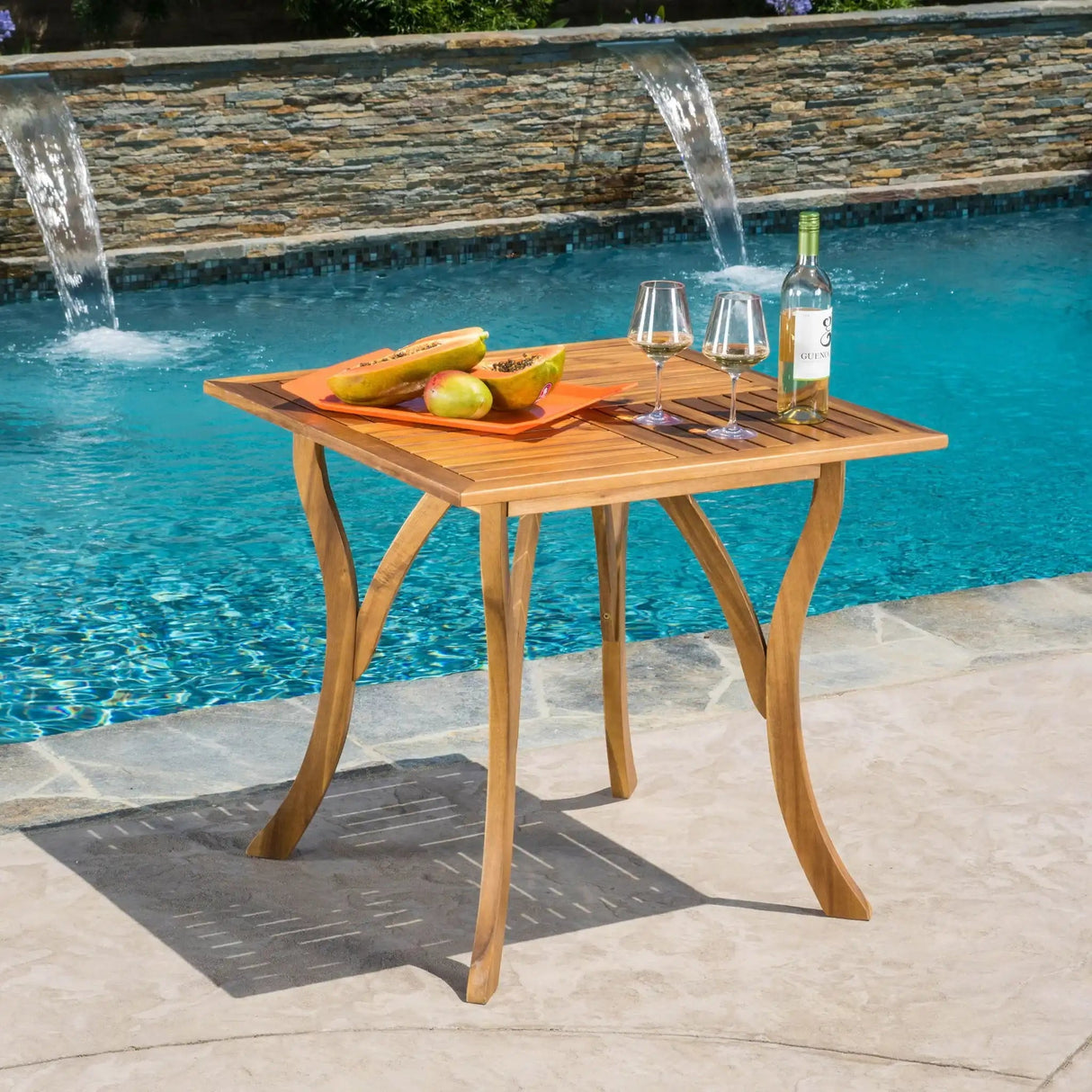 Outdoor Rectangular Table with Curved Legs and Perpendicular Wooden Slats Table Top