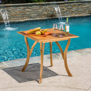 Outdoor Rectangular Table with Curved Legs and Perpendicular Wooden Slats Table Top