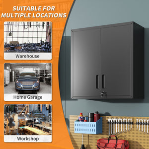 Metal Wall Mounted Tool Storage Cabinet With 2 Locking Doors, Adjustable Shelf, And Drawer