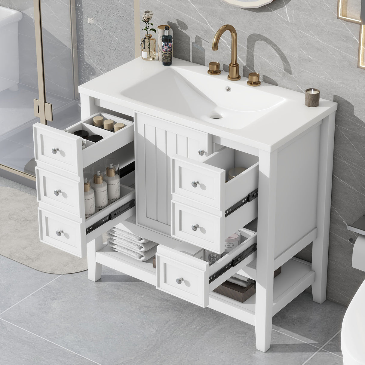 36" White Freestanding Bathroom Vanity with Sink-Modern Functionality Meets Timeless Style –