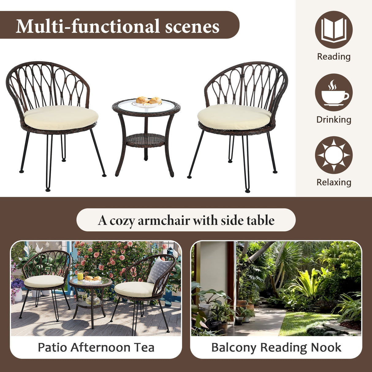 U_STYLE Outdoor Leisure Set, 2 Rattan Single Chairs with Glass Round Table