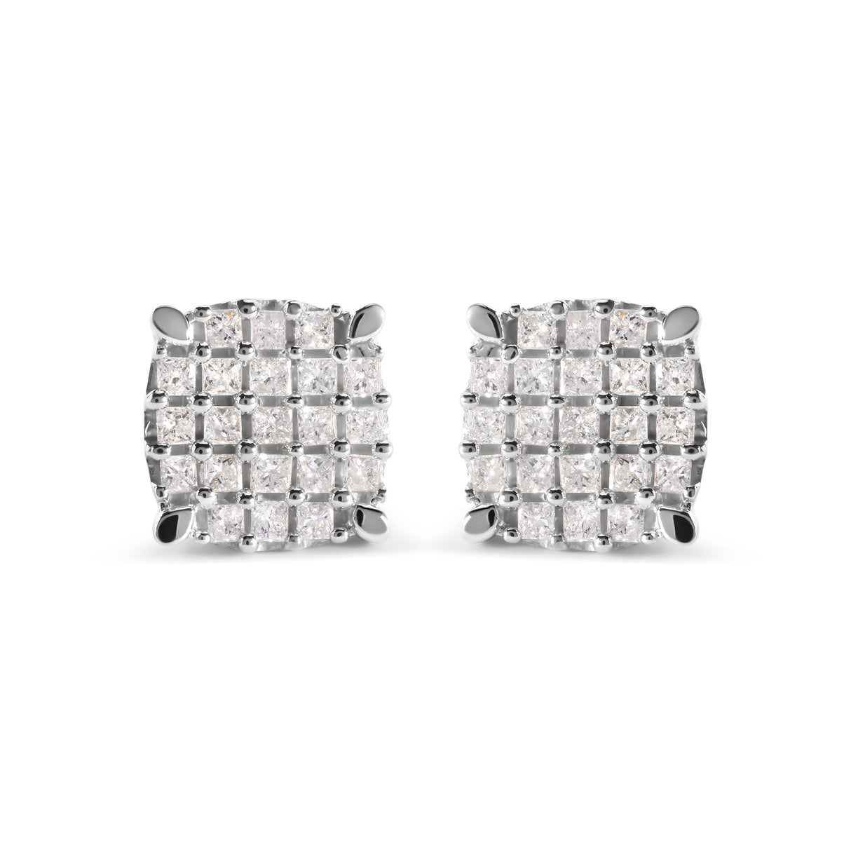 10K White Gold 3/4 Cttw Princess Diamond Composite Cushion Shape Stud Earrings (I-J Color, I1-I2 Clarity)