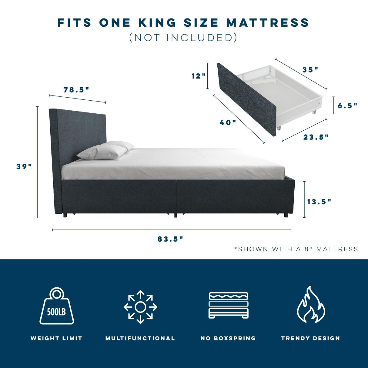 Kelly - King Upholstered Bed With Storage - Navy